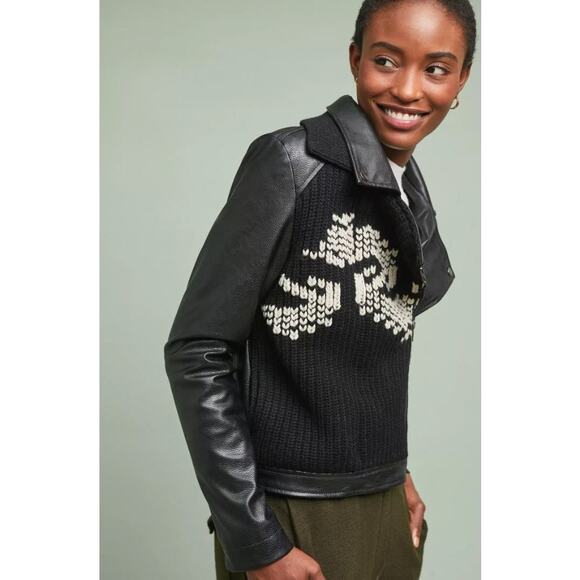 ett:twa by Anthropologie Sweater Trimmed Faux Leather Jacket Black Women's Large - Picture 3 of 15